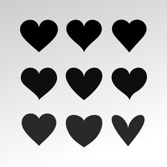 Set of flat black heart icon. Vector illustration. Isolated on white background.