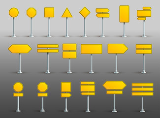 Set of yellow traffic signs. Road board text panel, mockup signage direction highway city signpost location street arrow way. Vector. Illustration. Isolated on gray background.