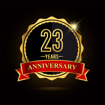 Celebrating 23 Years Anniversary Logo. With Golden Ring And Red Ribbon.