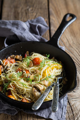 Spaghetti with mushrooms and tomatoes in a pan
