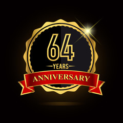 Celebrating 64 years anniversary logo. with golden ring and red ribbon.