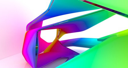 Abstract dynamic interior with black and colored gradient smooth objects. 3D illustration and rendering