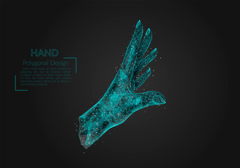 Abstract isolated image of human palm. Polygonal illustration looks like stars in the blask night sky in spase or flying glass shards. Digital design for website, web, internet. © Katsiaryna