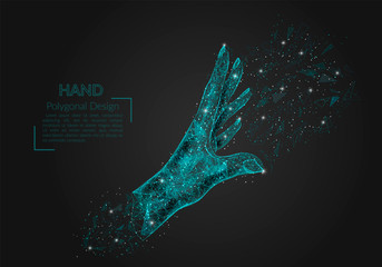 Abstract isolated image of human palm. Polygonal illustration looks like stars in the blask night sky in spase or flying glass shards. Digital design for website, web, internet. © Katsiaryna