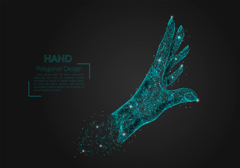Abstract isolated image of human palm. Polygonal illustration looks like stars in the blask night sky in spase or flying glass shards. Digital design for website, web, internet. © Katsiaryna
