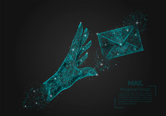 Abstract isolated image of human hand sending letter. Polygonal illustration looks like stars in the blask night sky in spase or flying glass shards. Digital design for website, web, internet. © Katsiaryna