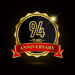 Celebrating 94 years anniversary logo. with golden ring and red ribbon.