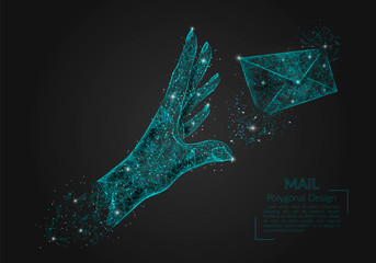 Abstract isolated image of human hand sending letter. Polygonal illustration looks like stars in the blask night sky in spase or flying glass shards. Digital design for website, web, internet. © Katsiaryna