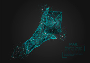 Abstract isolated image of human hand sending letter. Polygonal illustration looks like stars in the blask night sky in spase or flying glass shards. Digital design for website, web, internet. © Katsiaryna