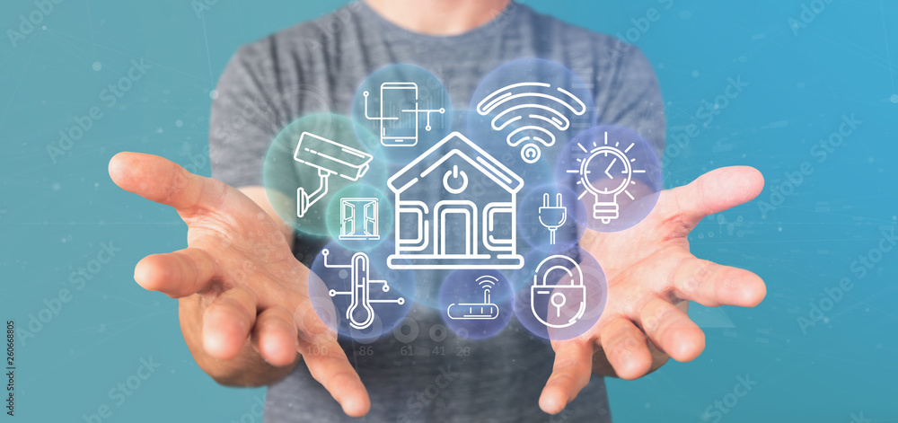 Poster businessman holding smart home interface with icon, stats and data 3d rendering