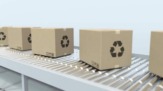 Moving boxes on warehouse roller conveyor. Loopable 3D animation