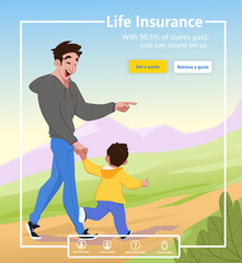 life insurance website conceptual design. life insurance services. Father walks with his son. Hike in the mountains. Healthy lifestyle