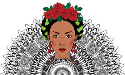 bright complex illustration of a beautiful girl with a traditional Mexican hairstyle on the background of openwork ornament