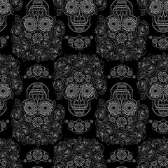 black and white seamless pattern with skull, symbol of the national Mexican holiday Day of the dead and day of angels