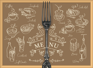 Vector restaurant menu with fork, sketches of different dishes and handwritten inscriptions. Contour drawings in retro style. Drawing chalk on the brown blackboard