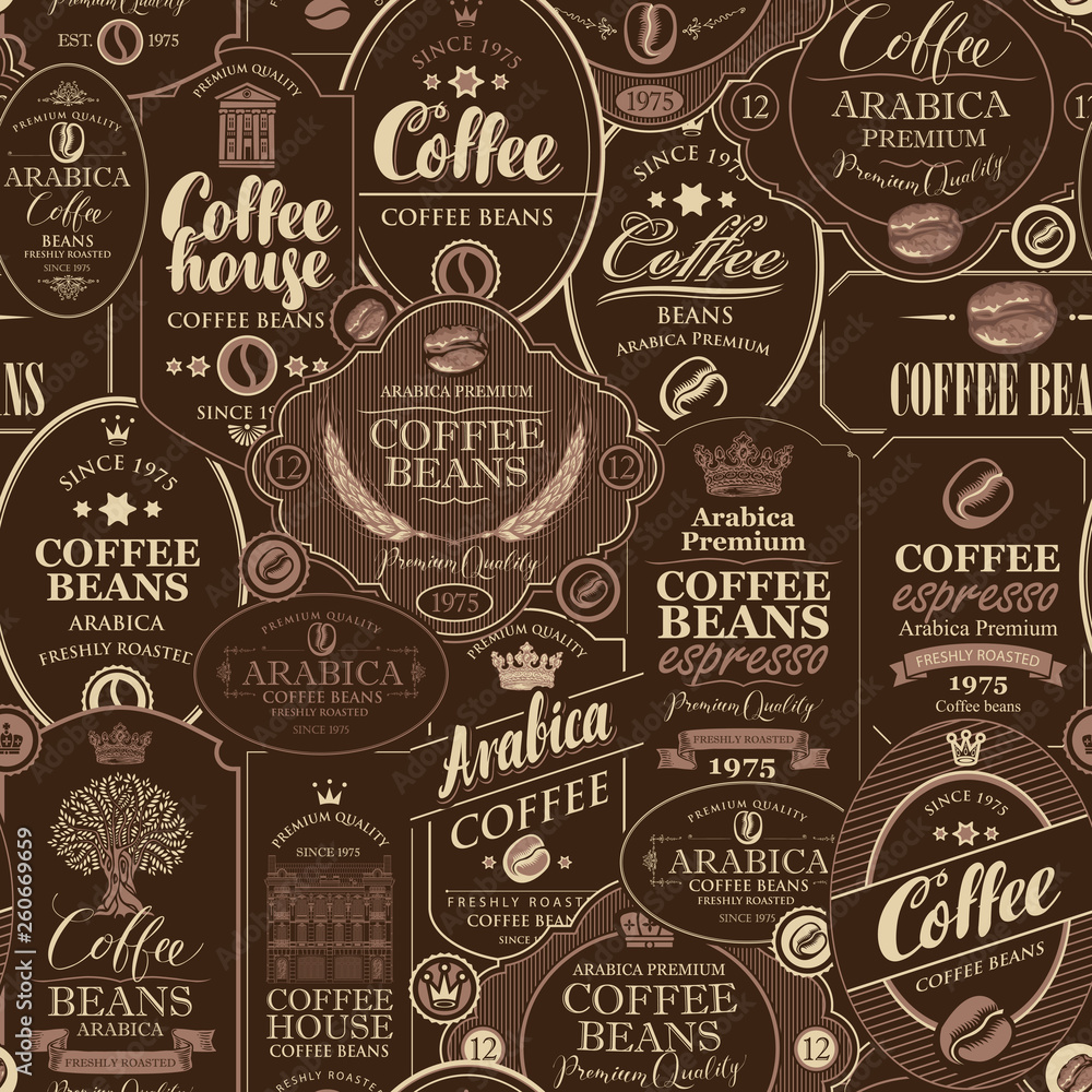 Aufkleber vector seamless pattern on coffee and coffee house theme with various labels in retro style on the b