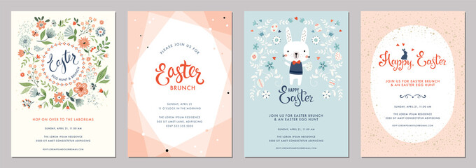 Cute Happy Easter templates with eggs, flowers, floral wreath, rabbit and typographic design.