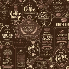 Vector seamless pattern on coffee and coffee house theme with various labels in retro style on the brown background. Can be used as wallpaper or wrapping paper