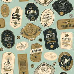 Vector seamless pattern on coffee and coffee house theme with collage of various labels in retro style. Can be used as wallpaper or wrapping paper