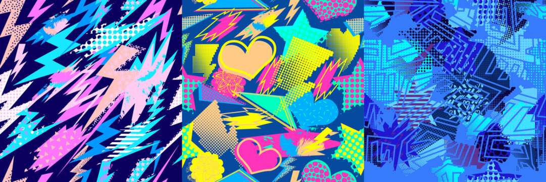 Fototapeta Set of Abstract seamless vector pattern for girls, boys, clothes. Creative background with dots, geometric figures Funny wallpaper for textile and fabric. Fashion style. Colorful bright
