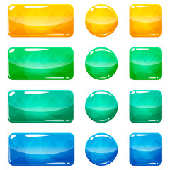 Colorful rounded square, rectangle and circle glossy buttons set, vector assets for web or game design, app icons vector template isolated on white background.