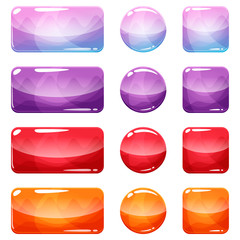 Colorful rounded square, rectangle and circle glossy buttons set, vector assets for web or game design, app icons vector template isolated on white background.