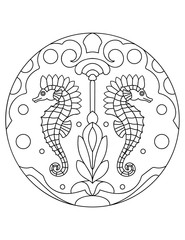 Pattern with seahorse. Illustration of the underwater kingdom.  Mandala with an animal.  Seahorse in a circular frame. Coloring page for kids and adults.