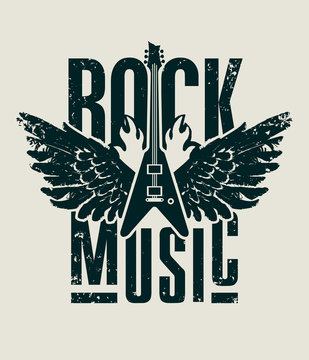 Vector banner with words Rock music, with electric guitar and wings on fire. Can be used for flyers, posters, t-shirt design, tattoo