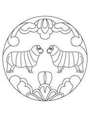 Pattern with a farm sheep. Illustration with a sheep. Mandala with an animal.  Sheep with fur in a circular frame. Coloring page for kids and adults.