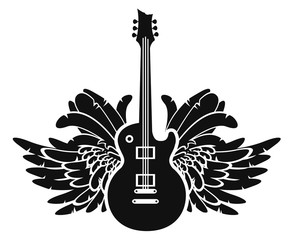 Vector black and white illustration with electric guitar and wings. Can be used for flyers, posters, t-shirt design, tattoo, icon, logo