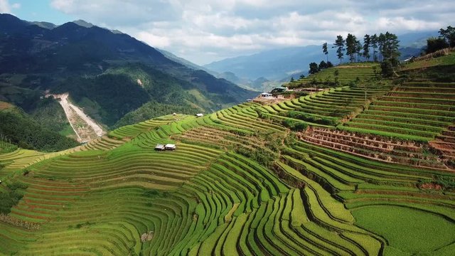 Rice Terraces on hills, Aerial pullback shot of amazing cultural architecture