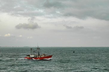 Fototapeta premium red fishing boat in paranagua harbour brasil