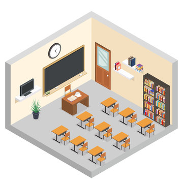 Isometric classroom education room teaching courses school table equipment flat design vector illustration
