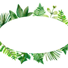 Watercolor hand painted oval frame with green tropical leaves for design with the space for text