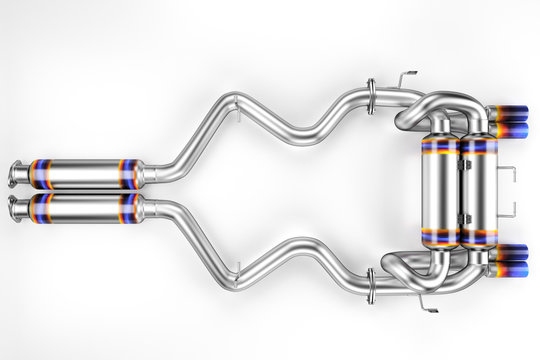 Tuning exhaust system for a sports car. Car muffler, exhaust silencer on a white background