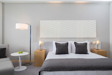  Modern interior of the bedroom in bright colors