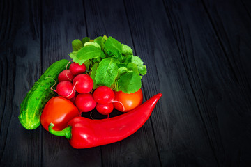 Vegetables on wooden table: cucumber, tomato, garden radish and sweet paprica pepper. Healthy food ingredients.