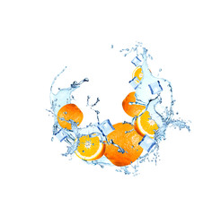 Water splash with orange isolated on white background