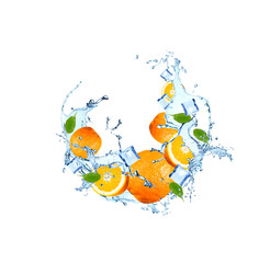 Water splash with orange isolated on white background