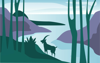Beautiful scene of nature, peaceful summer landscape with lake and mountain goat, template for banner, poster, magazine, cover horizontal vector Illustration