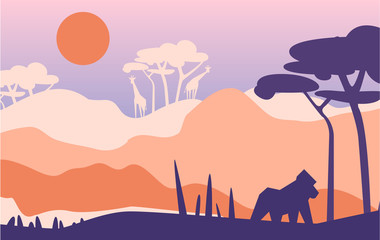 Beautiful scene of nature, peaceful Afrian landscape with moutains, giraffes and gorilla, template for banner, poster, magazine, cover horizontal vector Illustration