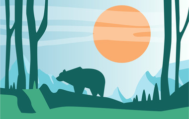 Beautiful scene of nature, peaceful summer landscape with forest and bear, template for banner, poster, magazine, cover horizontal vector Illustration