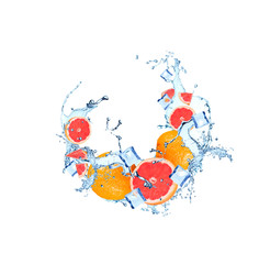 Water splash with grapefruits isolated on white background. 