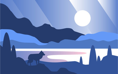 Beautiful scene of nature, peaceful mountainlandscape with wolf at night, template for banner, poster, magazine, cover horizontal vector Illustration
