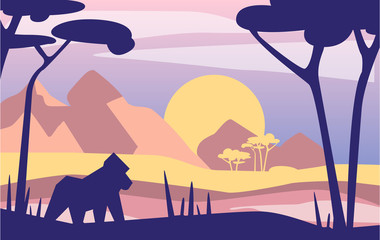 Beautiful scene of nature, peaceful Afrian mountain landscape with gorilla, template for banner, poster, magazine, cover horizontal vector Illustration