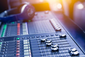 Music mixer sound recording engineer control desk for dj at stage show. - obrazy, fototapety, plakaty