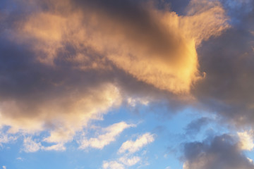 Naklejka na ściany i meble evening blue sky with clouds illuminated by the sun