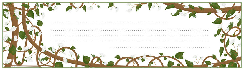 Invitation, greeting, postcard with a botanical ornament. Horizontal template with elements of the plant Actinidia colomicta.