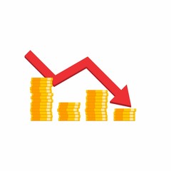 Coin price down graph, Many coins, Pile of money, No background, Vector, Flat icon, Gold stack of dollar coins, Investment concept.