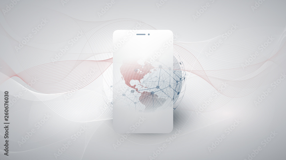 Poster cloud computing design concept with earth globe and mobile device - digital network connections, tec